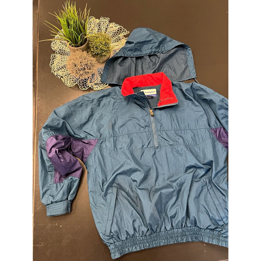 Champion 90s Vintage Colorblock Half-Zip Hooded Nylon Windbreaker Jacket Sz L